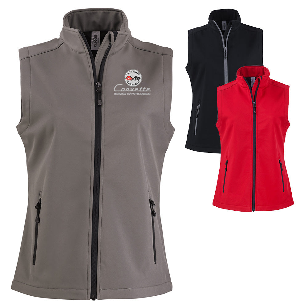 Gray, black, and red vests with a C1 Corvette logo on a white background