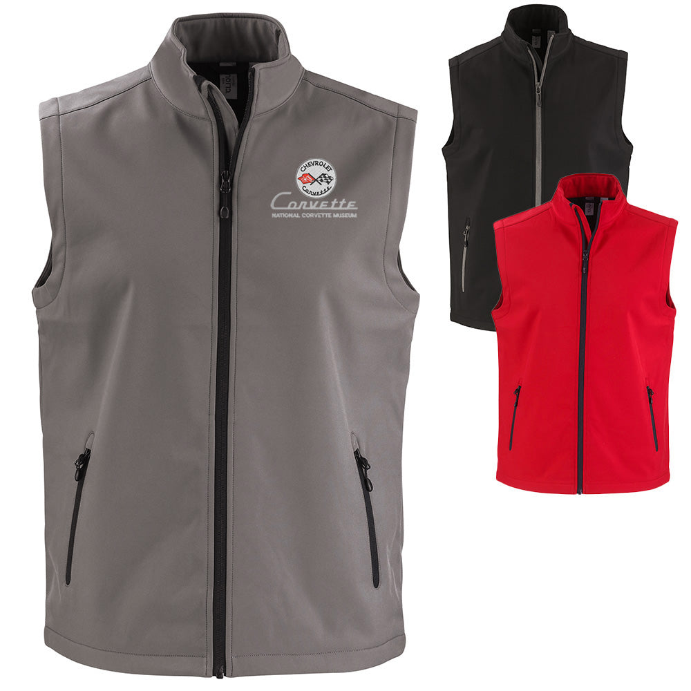 The C1 Corvette Custom Tempo Stretch Full-Zip Mens Vest shown in Black, Red and Gray.