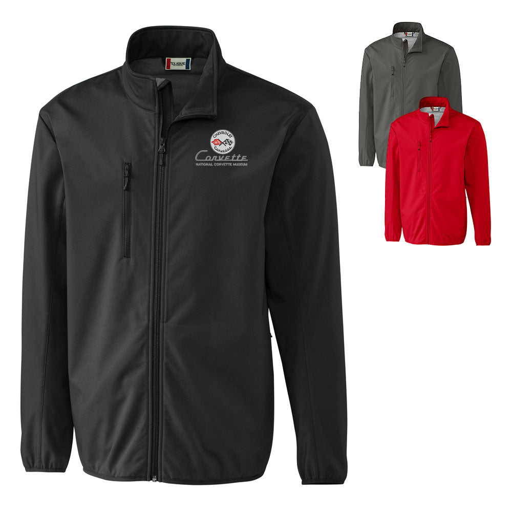 The C1 Corvette Custom Trail Stretch Softshell Mens Jacket shown in three colors on a white background