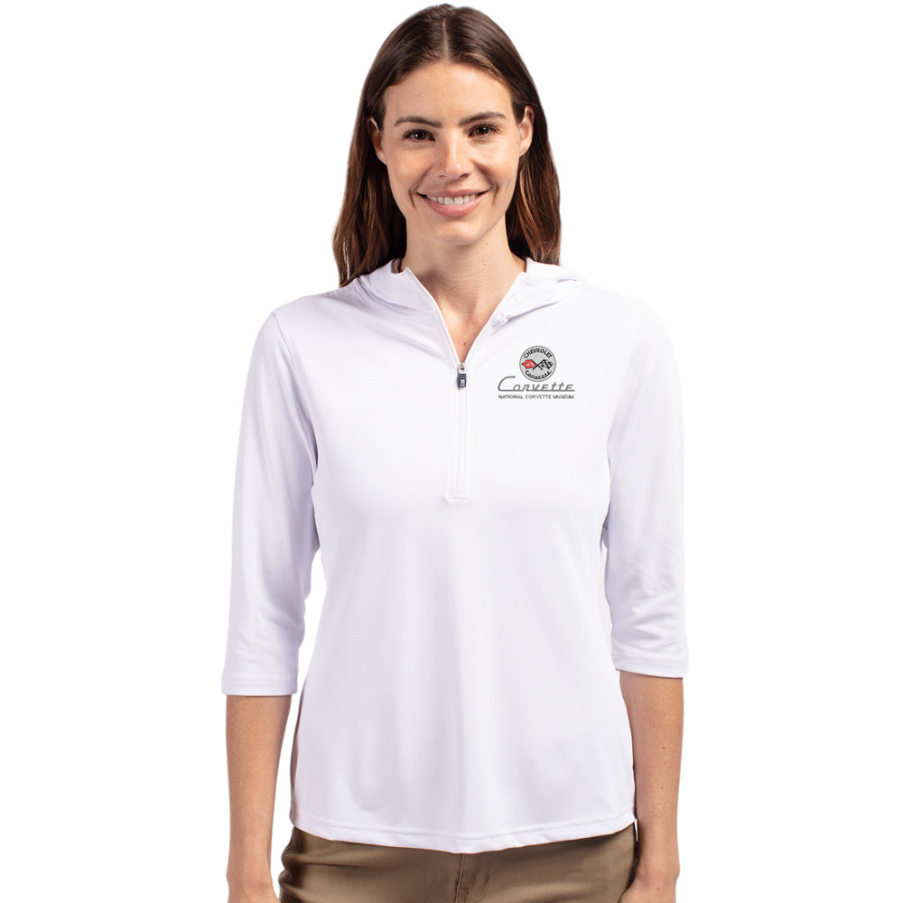 Woman wearing the C1 Corvette Custom Virtue Eco Ladies White Quarter Zip