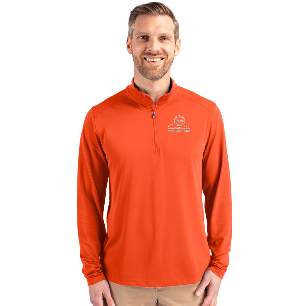 Man wearing the C1 Corvette Custom Virtue Eco Quarter Zip Orange Pullover