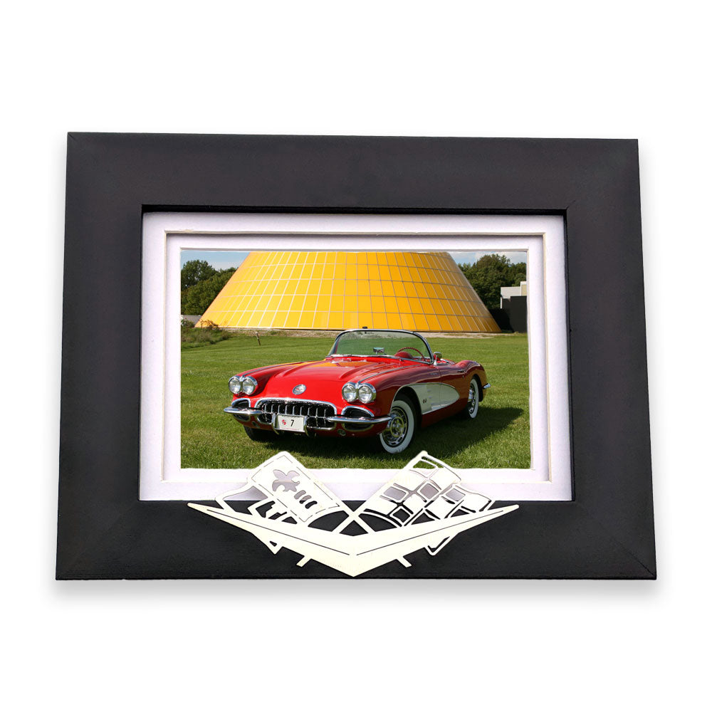C1 Corvette Emblem Picture Frame shown with a photo of a C1 Corvette in the frame