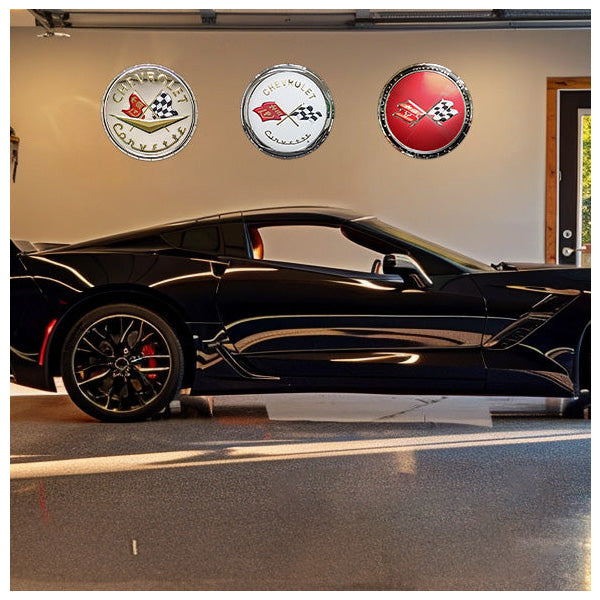 C3 Corvette Emblem Stainless Steel Sign hanging on the wall of a garage