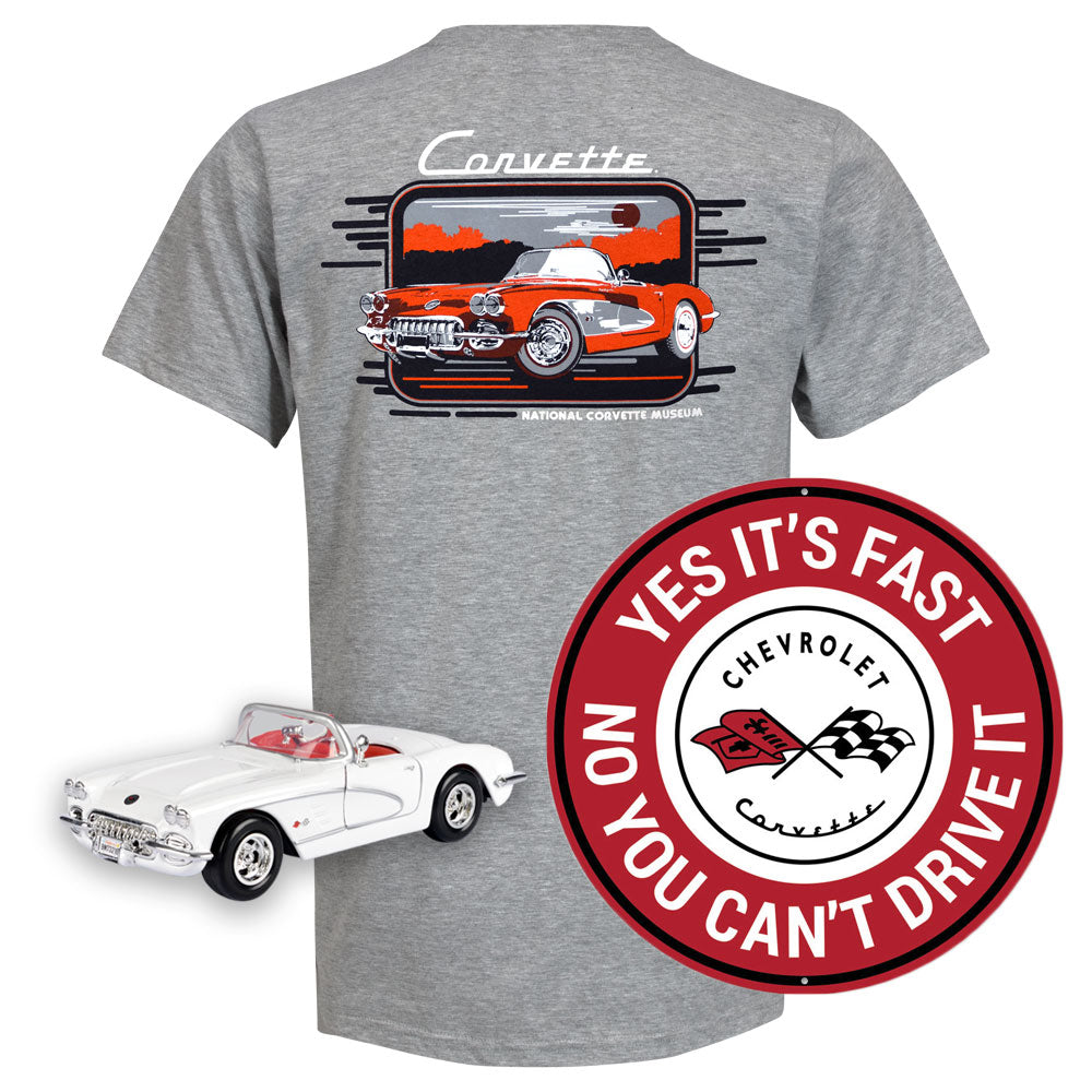 C1 Corvette Gift Bundle showing a gray C1 Corvette tee a red C1 Corvette tin sign and a white C1 diecast