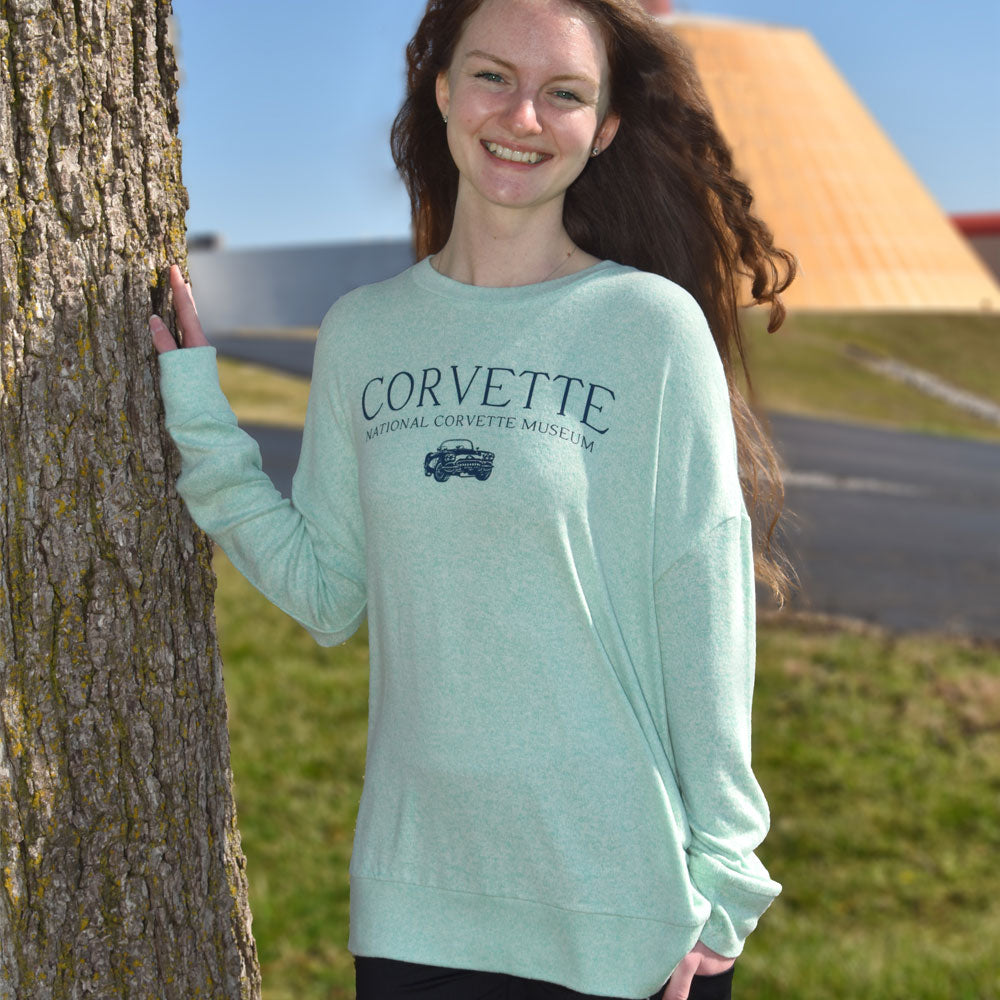 Woman wearing the C1 Corvette Ladies Mint Crew Knit Pullover Lifestyle