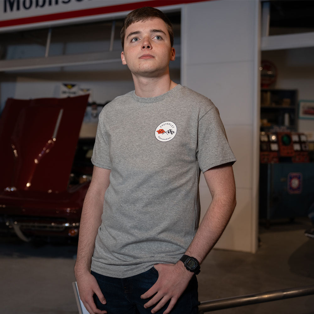 Man wearing the C1 Corvette Retro Heather Gray T-shirt showing the front design
