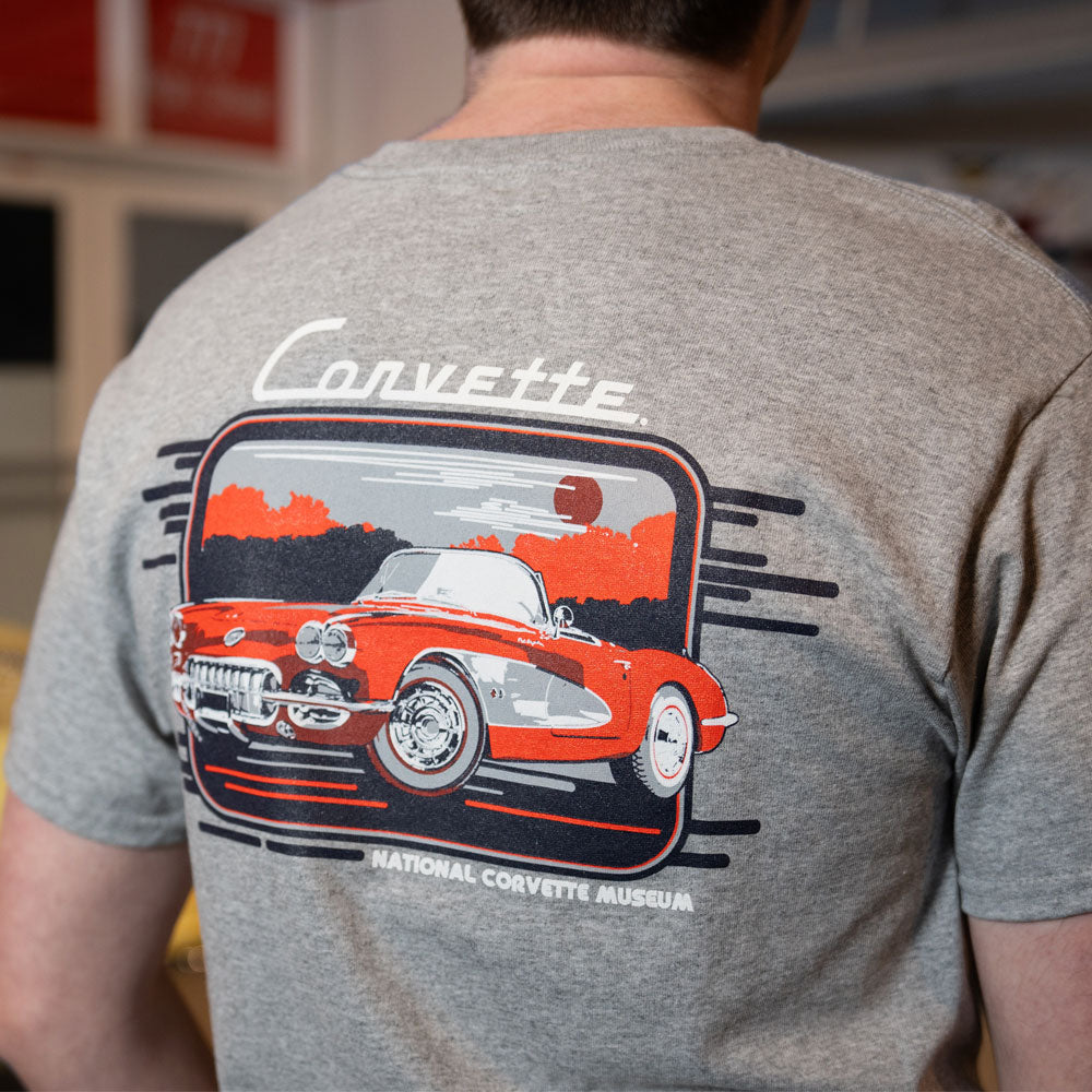 Man wearing the C1 Corvette Retro Heather Gray T-shirt