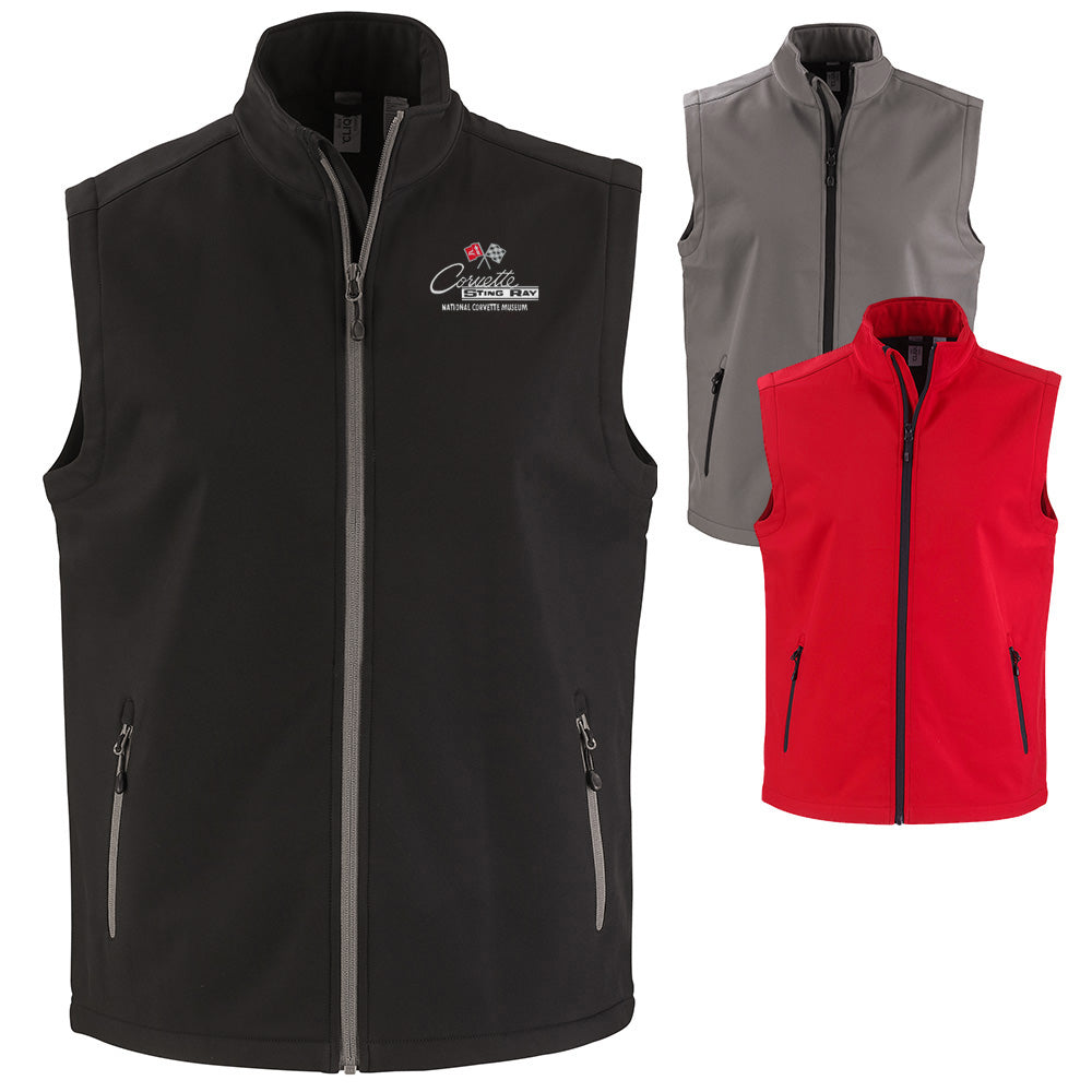 Black, gray, and red vests with a C2 Corvette logo on a white background