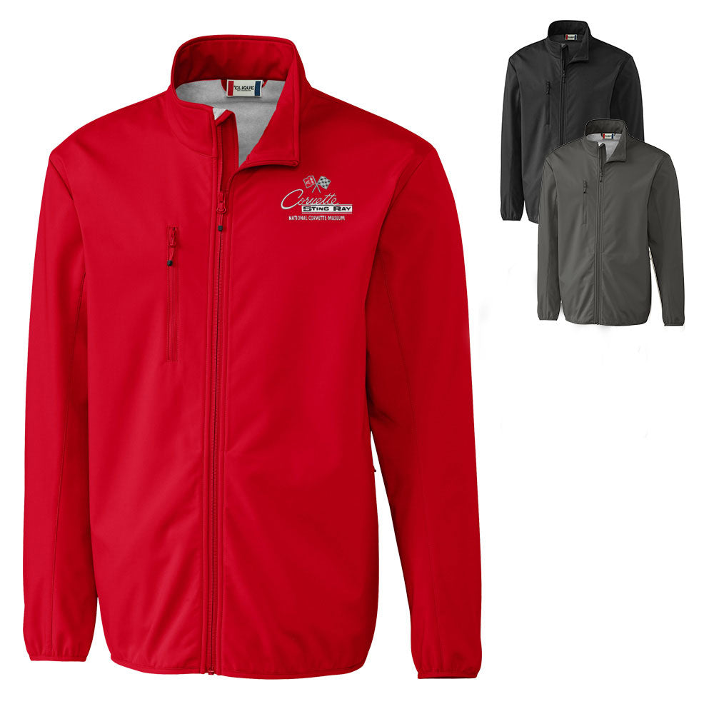The C2 Corvette Custom Trail Eco Stretch Softshell Mens Jacket shown in three colors on a white background.