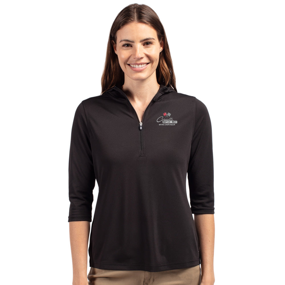 Woman wearing the C2 Corvette Custom Virtue Eco Ladies Black Quarter Zip