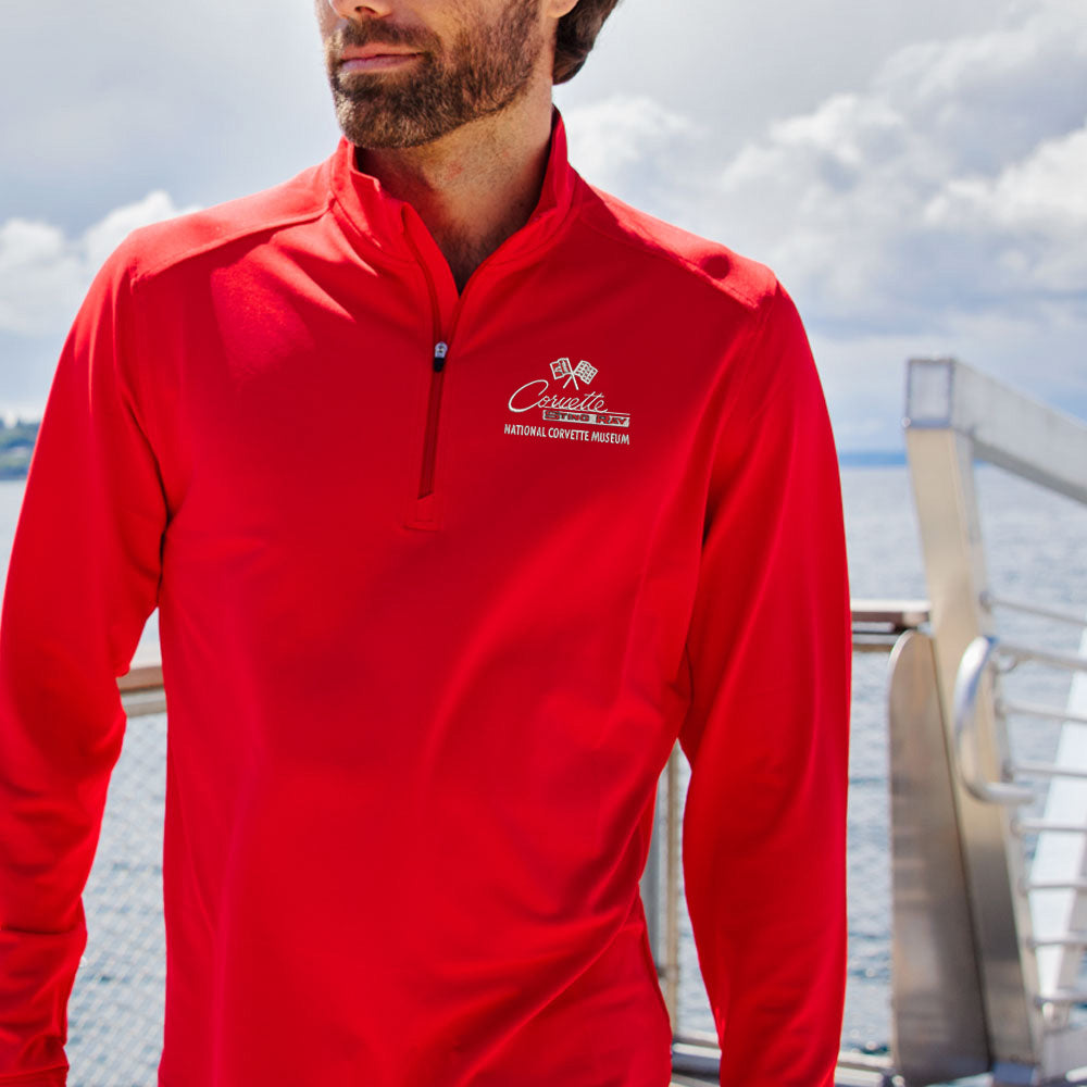 Man wearing the C2 Corvette Custom Virtue Eco Quarter Zip Red Pullover