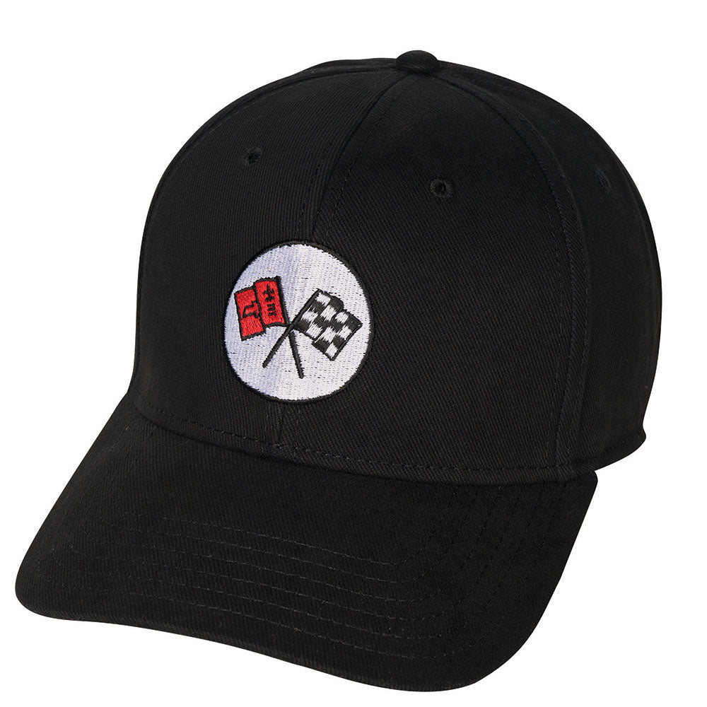 A black baseball cap with an embroidered C2 Corvette emblem on the front shown on a white background.