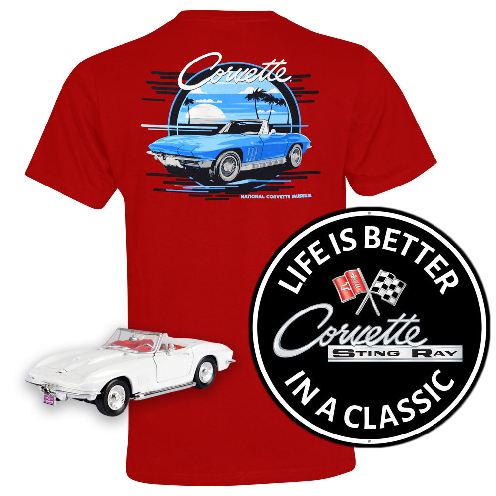 C2 Corvette Gift Bundle includes a red C2 tee a black C2 tin sign and a white C2 diecast model