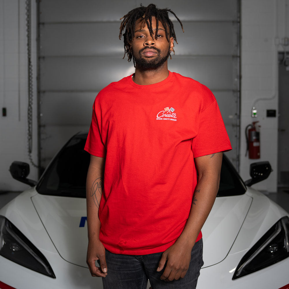 Man wearing the C2 Corvette Retro Red T-shirt showing the front design