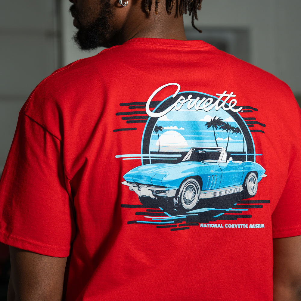 Man wearing the C2 Corvette Retro Red T-shirt showing the design on the back