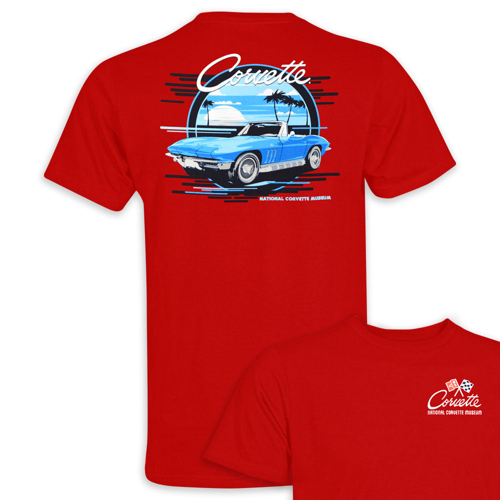 C2 Corvette Retro Red T-shirt shows a blue C2 Corvette on the back