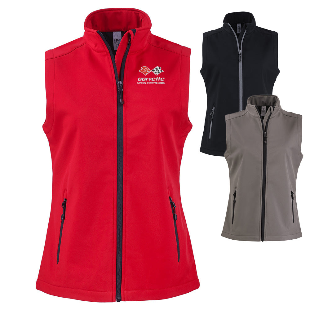 Red, black, and gray vests with a C3 Corvette logo on a white background