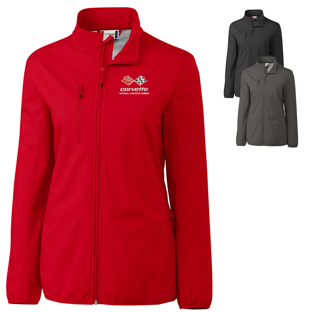 A red women's zip-front jacket with a stand collar and a C3 Corvette logo on the left chest, shown on a white background with two smaller inset views of the same jacket in dark gray and black.