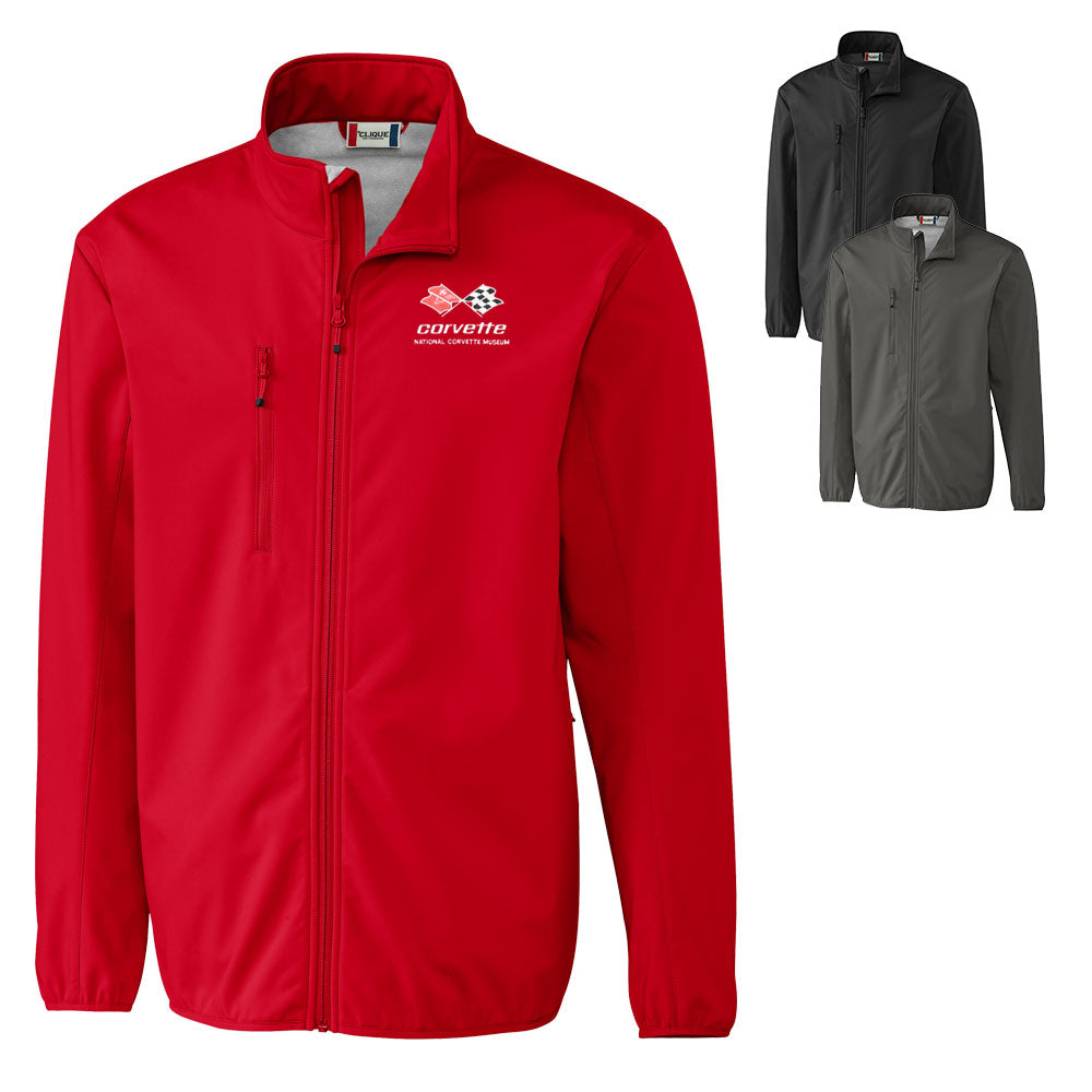 A red zip-up jacket with a high collar and a small C3 Corvette logo on the left chest, shown on a white background with two smaller inset views of the same jacket in dark gray and black.