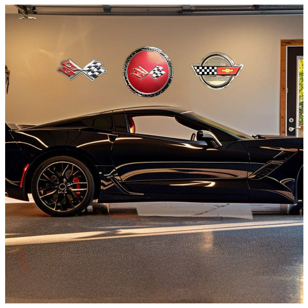 C3 Corvette Emblem Flags Stainless Steel Sign shown hanging in a garage