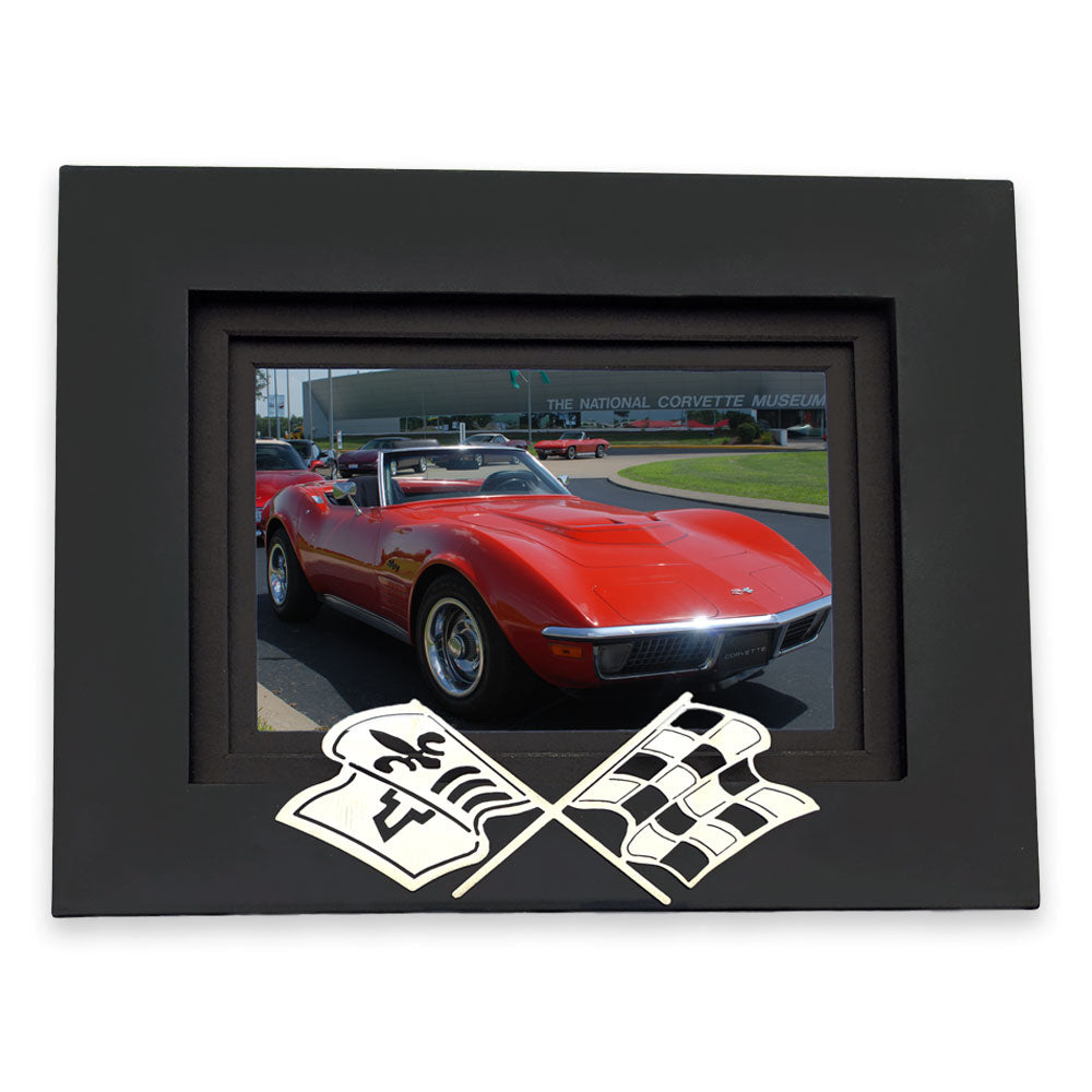 C3 Corvette Emblem Picture Frame with a picture of a red C3 Corvette in the frame
