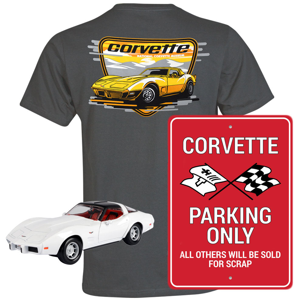 C3 Corvette Gift Bundle shows a yellow C3 Corvette on a gray tee a red C3 parking only tin sign and a white C3 diecast model