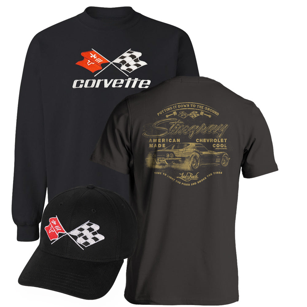 C3 Corvette Sweatshirt Bundle featuring a black C3 sweatshirt, a charcoal t-shirt with a Stingray design on the back and a black C3 cap.