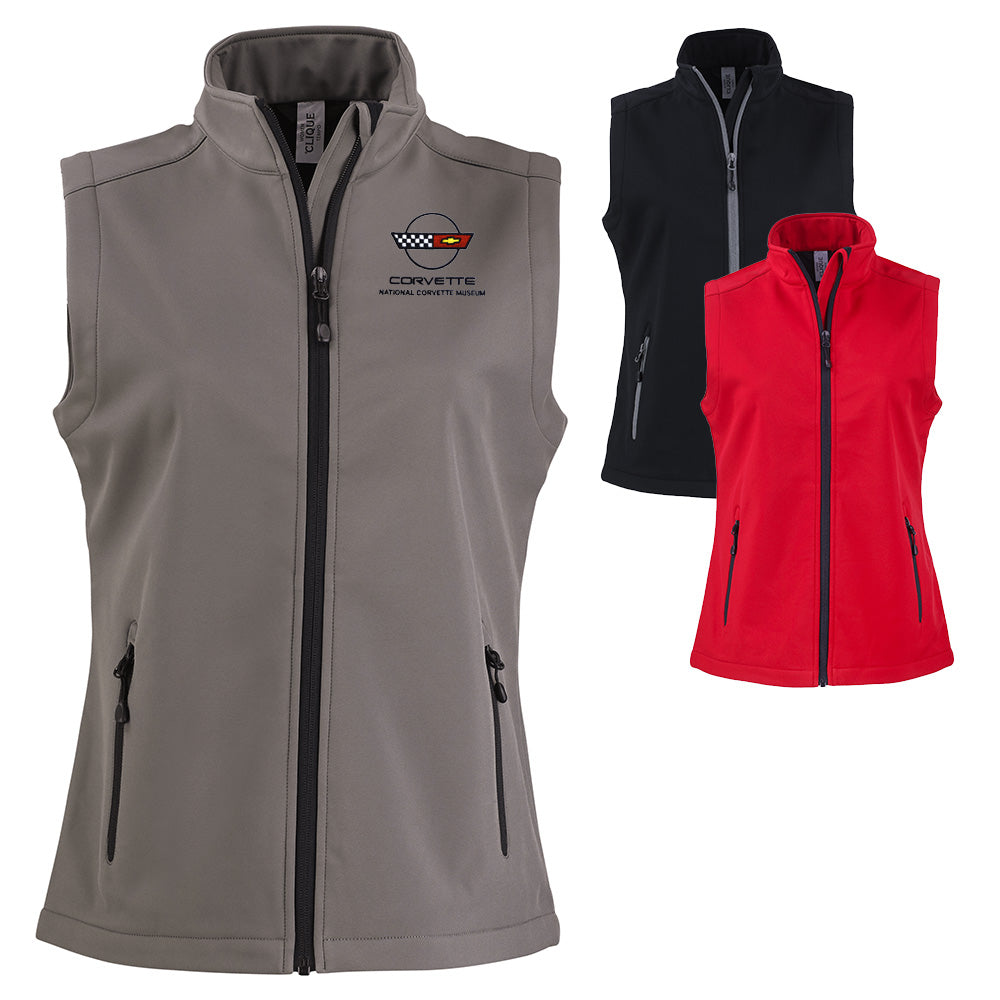The C4 Corvette Custom Tempo Stretch Full-Zip Ladies Vest shown in gray, black and red.