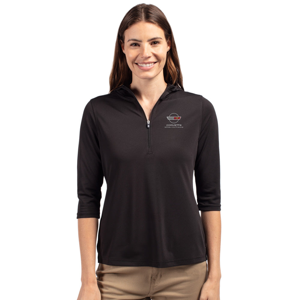 Woman wearing the C4 Corvette Custom Virtue Eco Ladies Black Quarter Zip