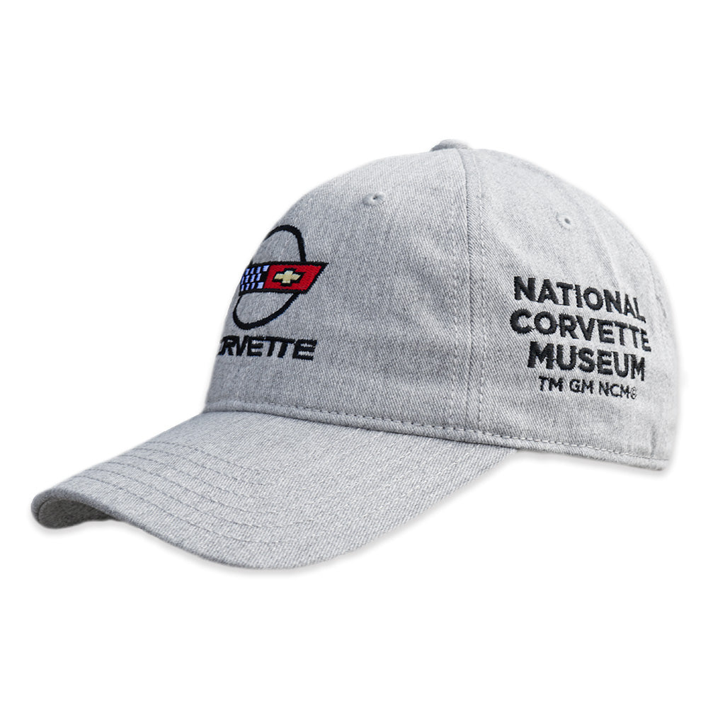 C4 Corvette Emblem Athletic Gray Core Cap Side View showing the National Corvette Museum script embroidery