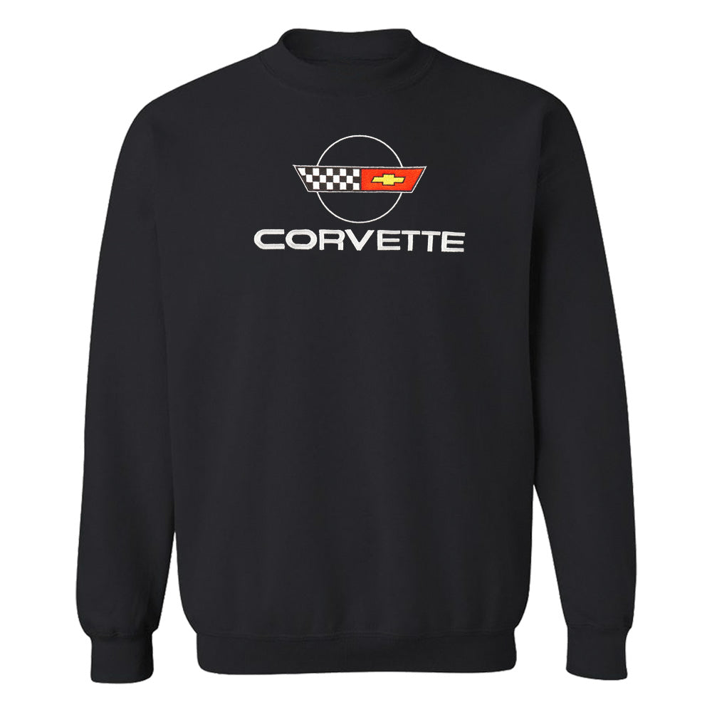 A black Corvette sweatshirt embroidered on the full front chest with a C4 emblem and shown on a white background.