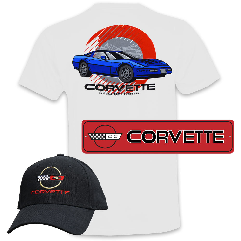 C4 Corvette Gift Bundle shows a white C4 tee a red C4 Corvette tin sign and a black C4 cap