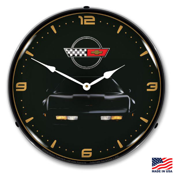 Corvette wall clock with the silhouette of a black C4 Corvette on a black background