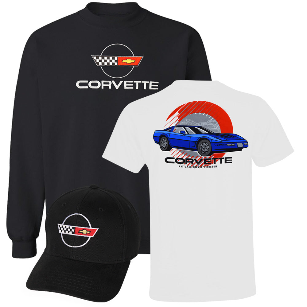 Black C4 Corvette sweatshirt , white t-shirt with C4 Corvette graphic, and black cap featuring a C4 Corvette logo on a white background.