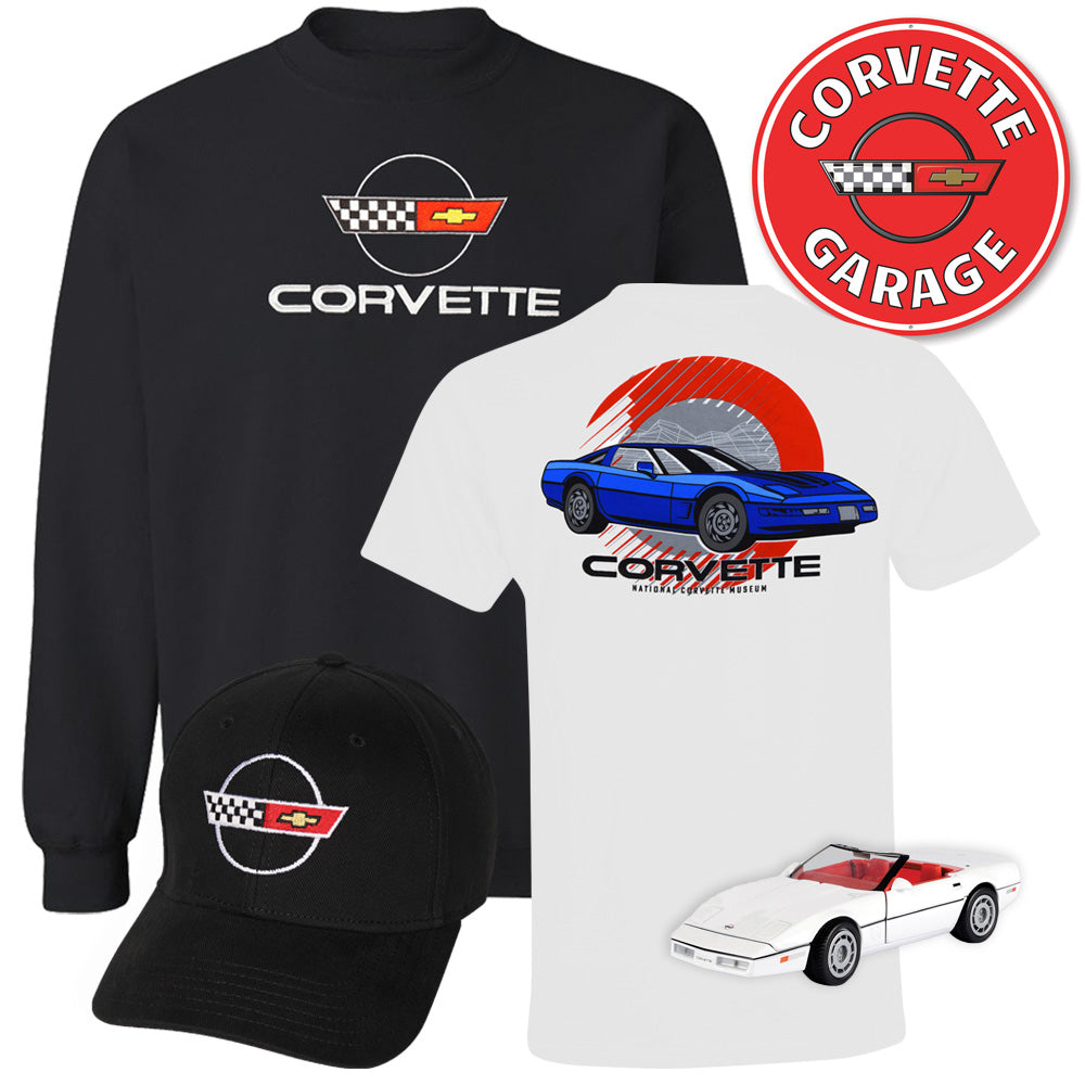 Product bundle showing a black C4 sweatshirt, a white t-shirt with a blue C4 graphic on the back, a black cap with the C4 emblem, a red C4 emblem tin sign and a white C4 diecast model.