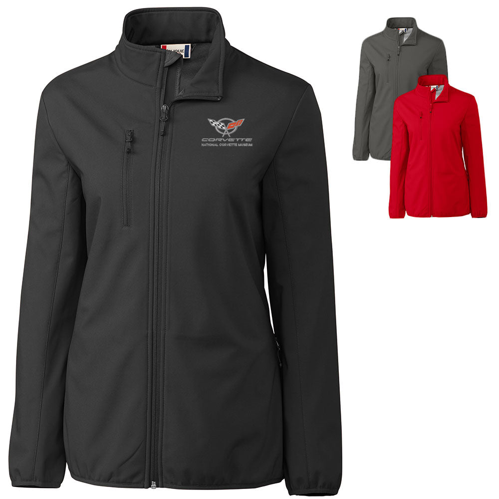 The C5 Corvette Custom Trail Stretch Softshell Ladies Jacket shown in three colors on a white background