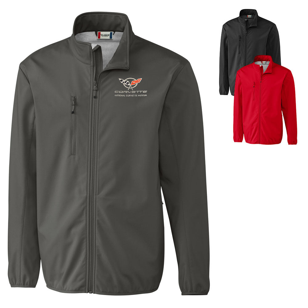 The C5 Corvette Custom Trail Stretch Softshell Mens Jacket shown in three colors