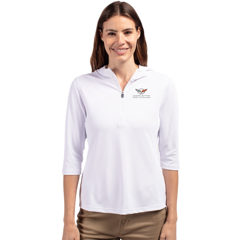 Woman wearing the C5 Corvette Custom Virtue Eco Ladies White Quarter Zip