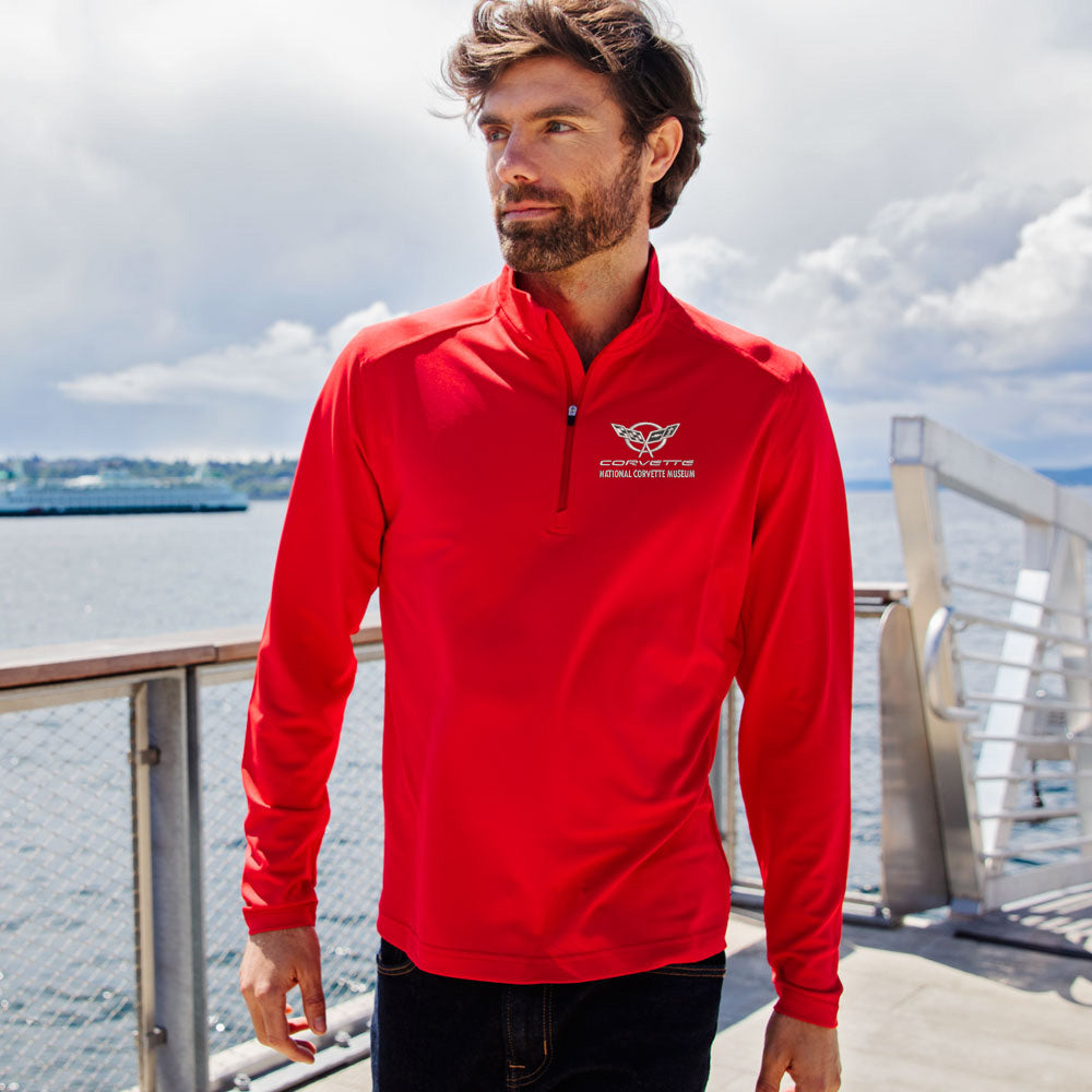 Man standing on a dock wearing the C5 Corvette Custom Virtue Eco  Quarter-Zip Red Pullover