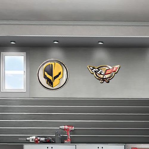 C5 Corvette Emblem Flags Stainless Steel Sign hanging on a garage wall