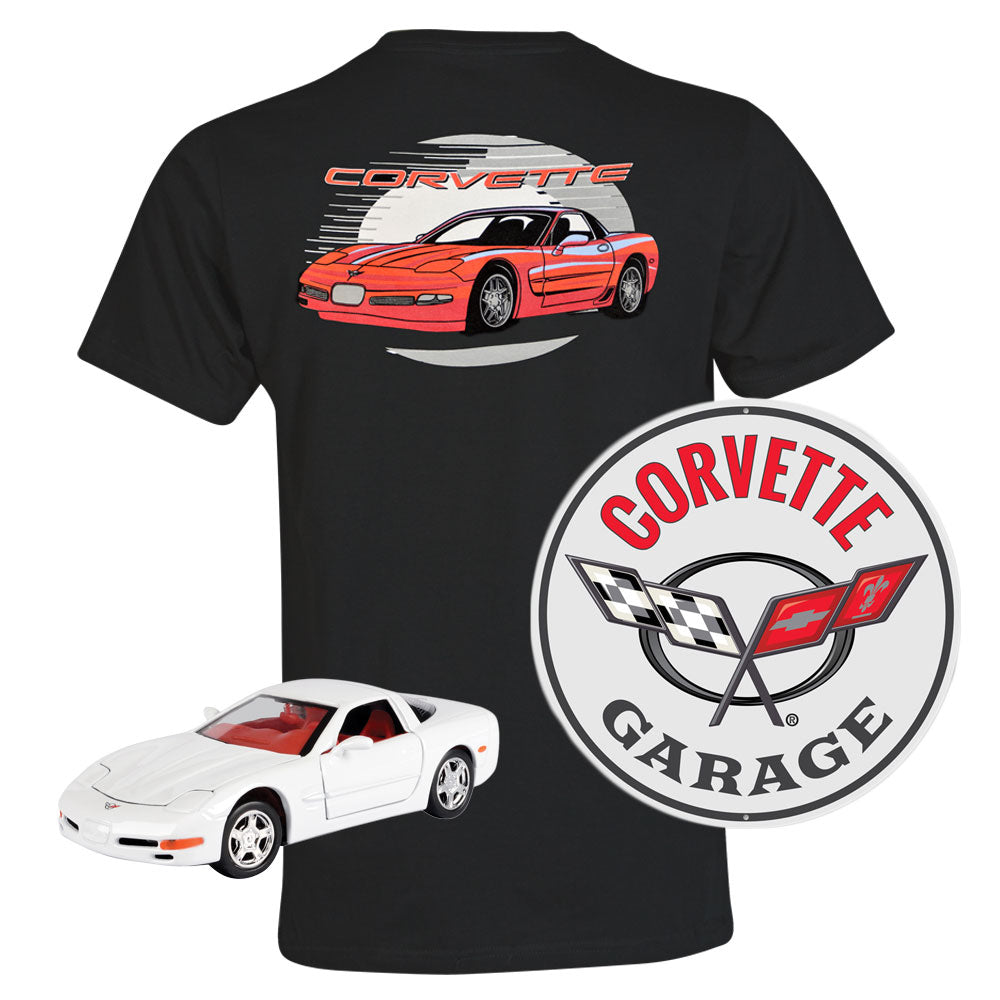 C5 Corvette Gift Bundle showing a black C5 tee a white C5 Corvette Garage tin sign and a white C5 diecast