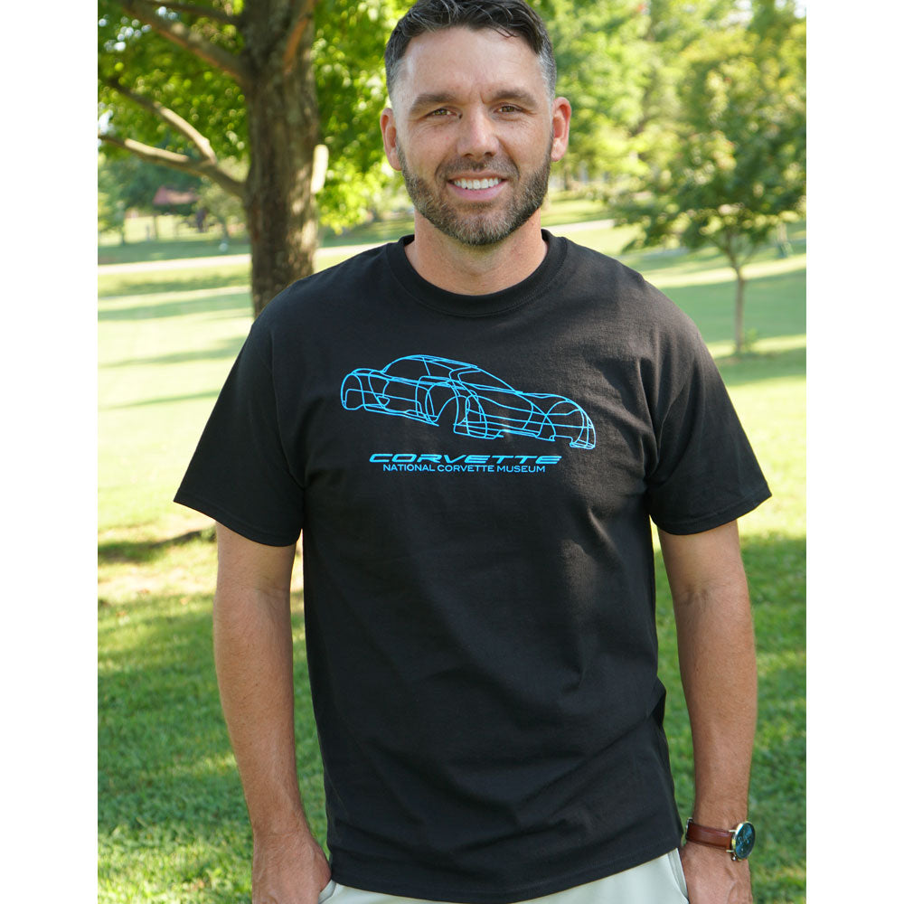 Man wearing the C5 Corvette Neon Blue Engineering Outline T-shirt