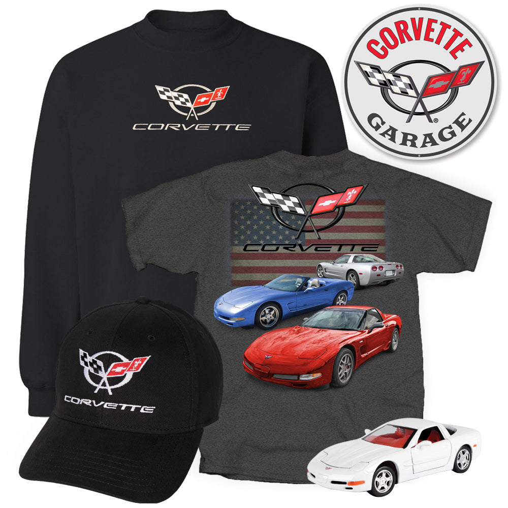 Collection of Corvette-themed merchandise including a sweatshirt, t-shirt, a cap, a tin sign and a diecast model on a white background.