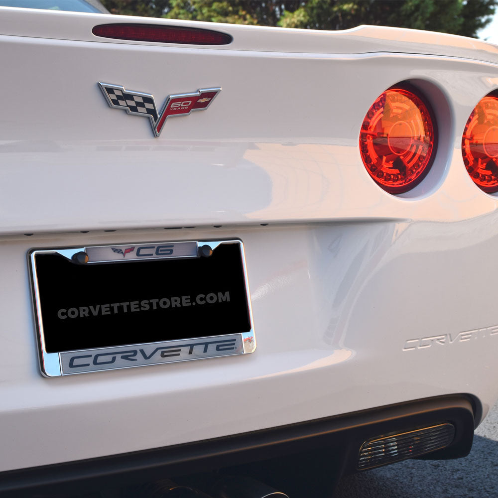 C6 Corvette Chromed Zinc License Frame installed on a car