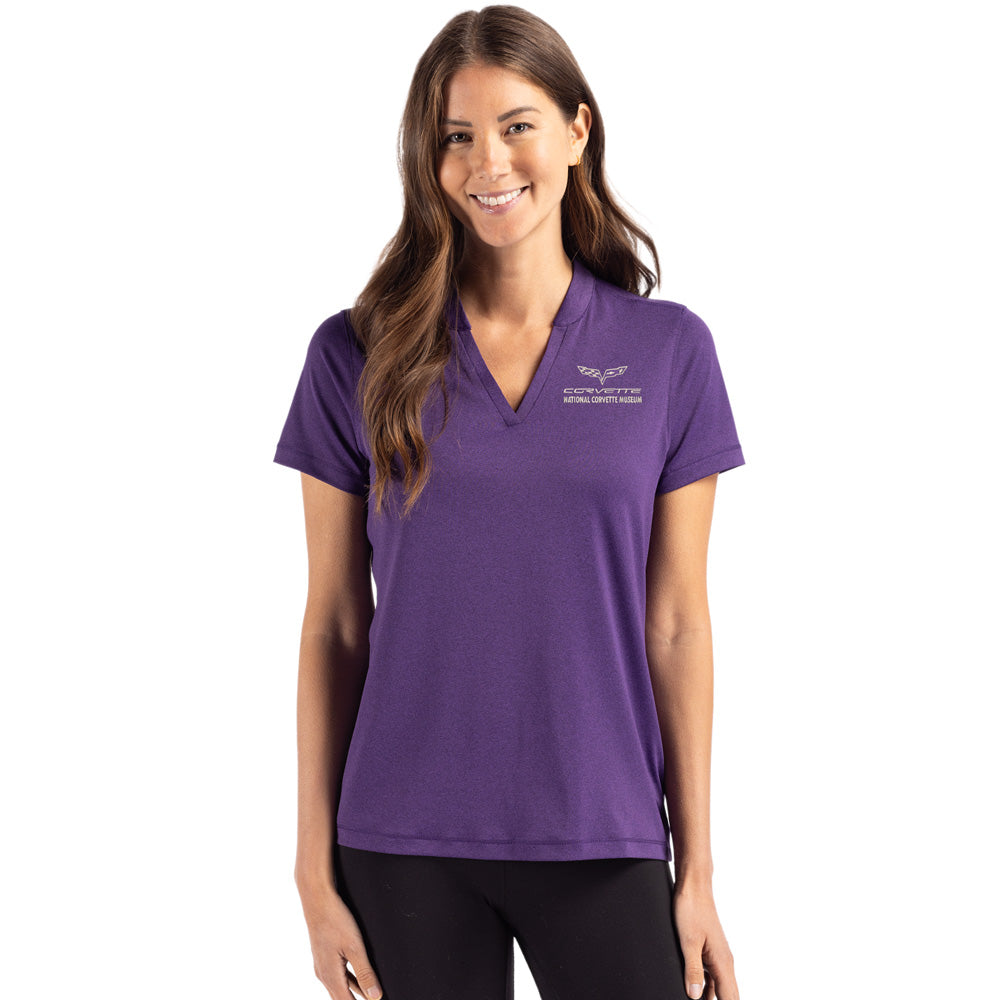 Woman wearing the C6 Corvette Custom No Collar VNeck Heather Purple Polo