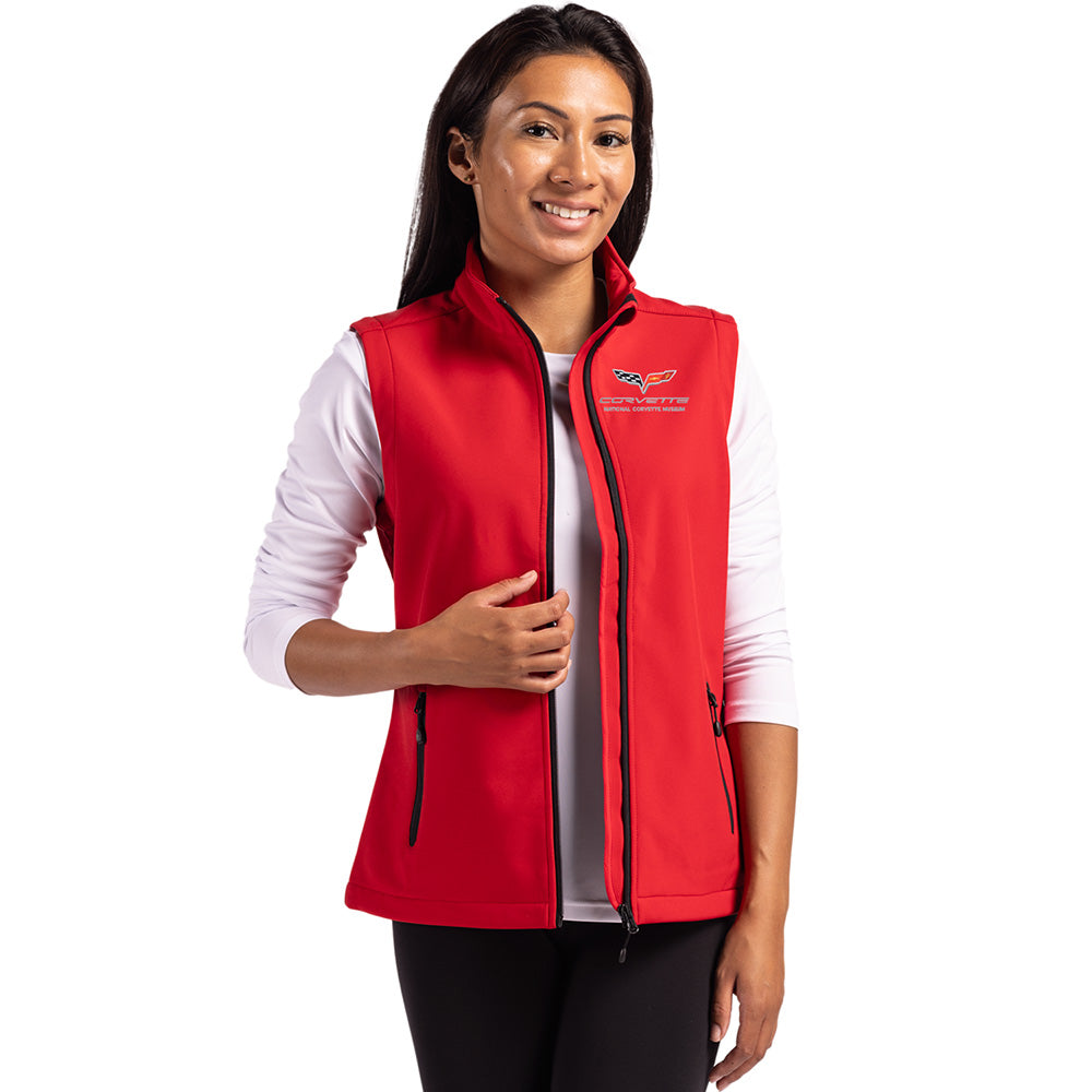 Woman wearing the Red C6 Corvette Custom Tempo Stretch Full Zip Ladies Red Vest