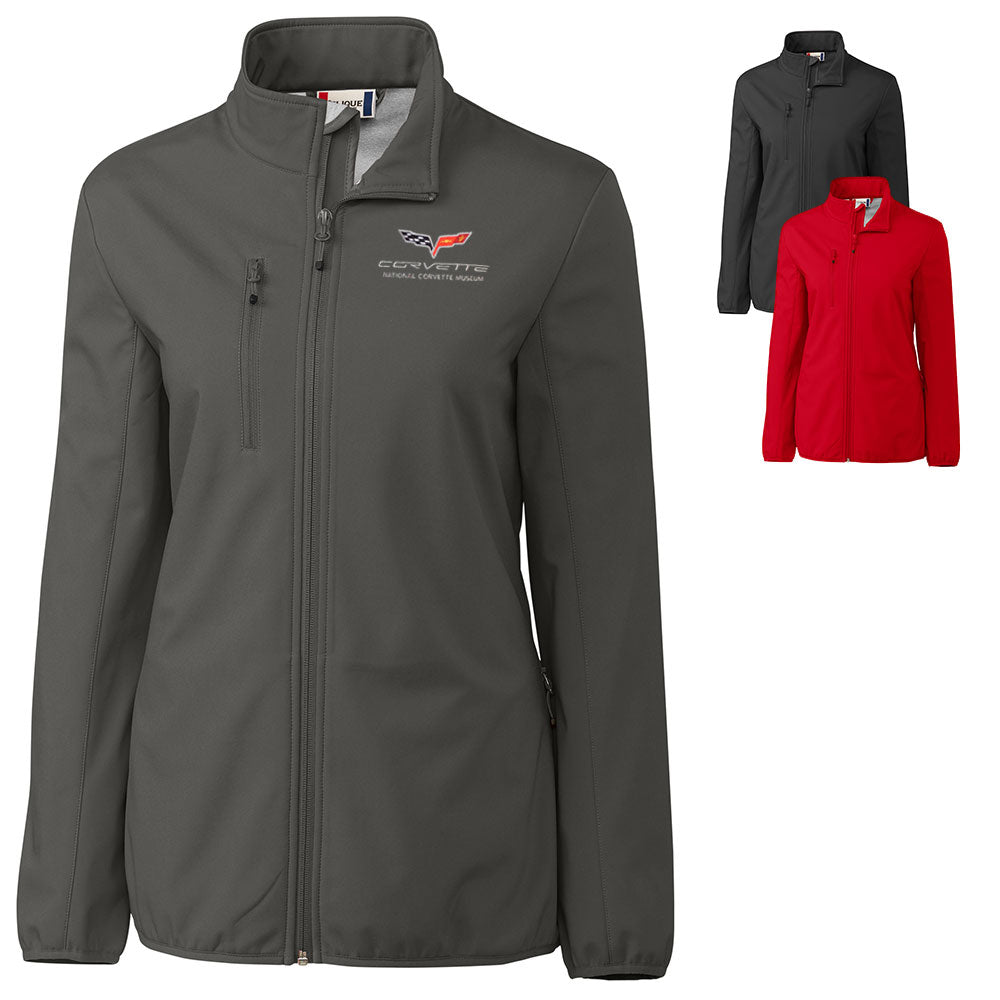 The C6 Corvette Custom Trail Stretch Softshell Ladies Jacket shown in three colors