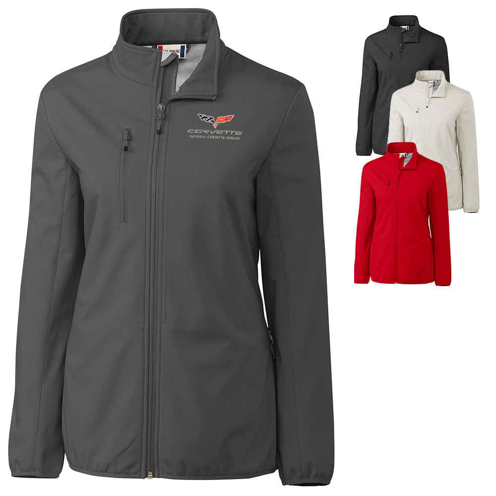 The C6 Corvette Custom Trail Stretch Softshell Ladies Jacket shown in four colors