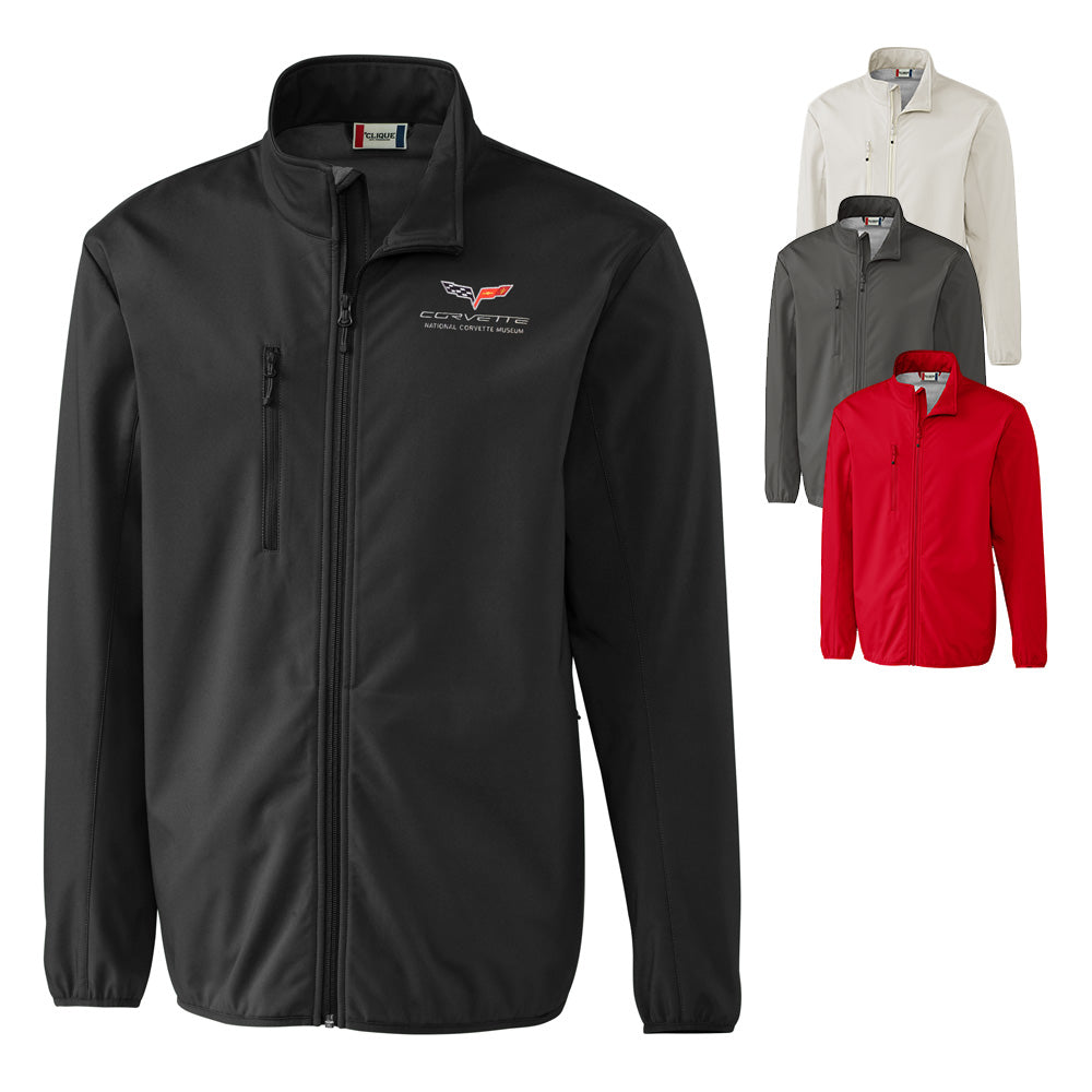 The C6 Corvette Custom Trail Eco Stretch Softshell Men's Jacket shown in four colors on a white background