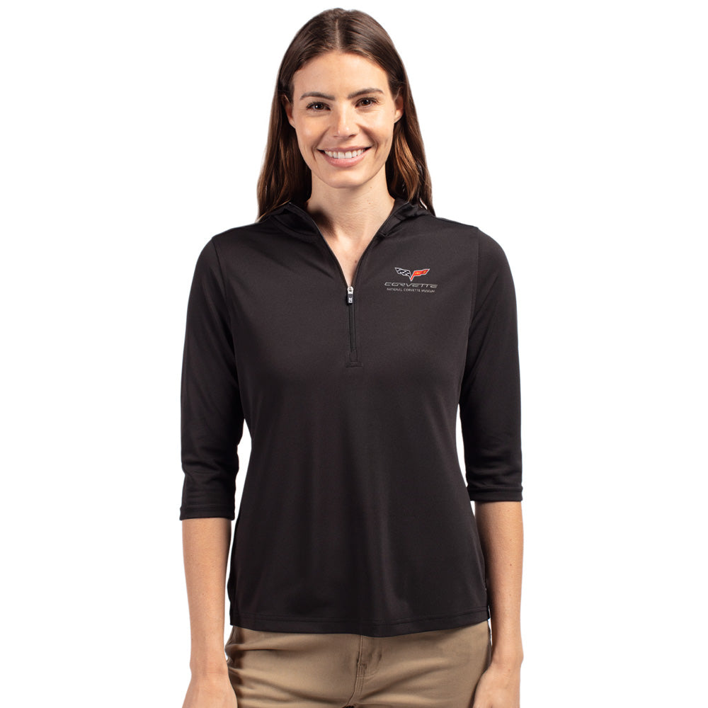 Woman wearing C6 Corvette Custom Virtue Eco Black Quarter Zip Pullover